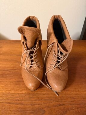 Elizabeth and James Tan Lace-Up Ankle Booties